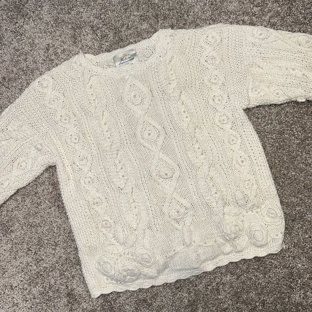 Vintage CIE Internationale Express Sweater Handknitted Women Small Pearls‎ Ivory